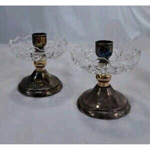 Vtg Landes Italian Glass Top Candlestick Holder Pair (2) Silver Plate Glass